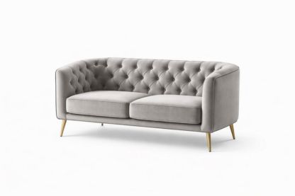 Gray Velvet Tufted Sofa with Gold Metal Legs, 180cm