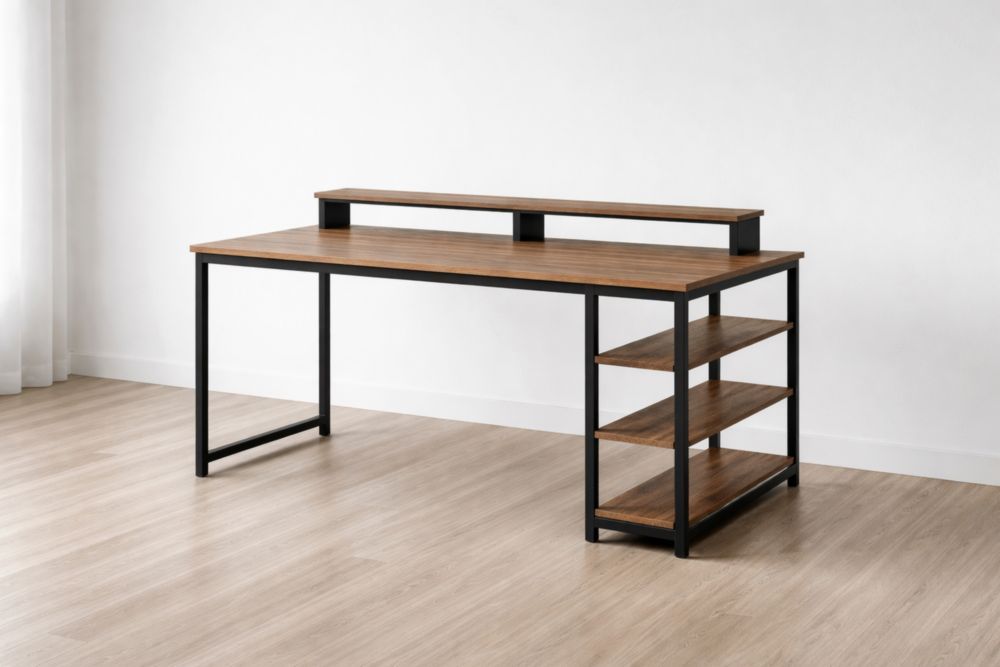 Engineered Wood and Steel Computer Desk with Elevated Shelf and Storage Shelves