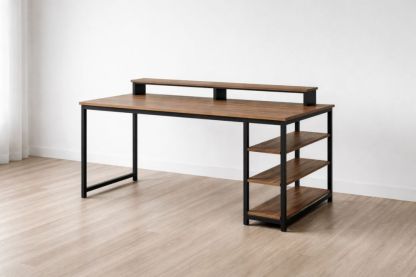 Engineered Wood and Steel Computer Desk with Elevated Shelf and Storage Shelves