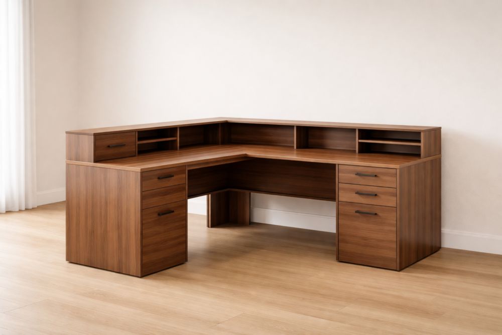 L-Shaped Wooden Desk with Drawers and Hutch Storage