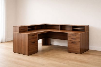 L-Shaped Wooden Desk with Drawers and Hutch Storage