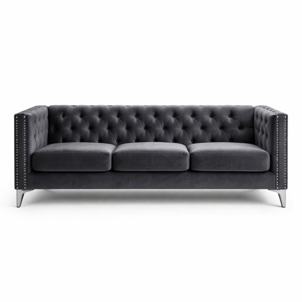 Velvet Upholstered Tufted Sofa with Studded Accents Gray Three-Seater