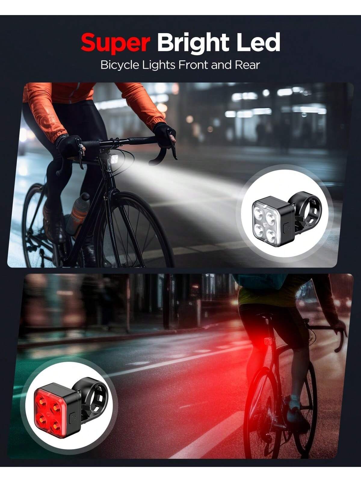 Akale Rechargeable Bike Light Set, LED Bicycle Lights Front And Rear, 650mAh Lithium Battery, Bike Headlight, IPX4 Waterproof, Easy To Install For Men Women Road- SHEINEU