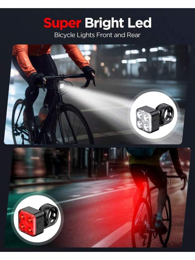 Akale Rechargeable Bike Light Set, LED Bicycle Lights Front And Rear, 650mAh Lithium Battery, Bike Headlight, IPX4 Waterproof, Easy To Install For Men Women Road- SHEINEU