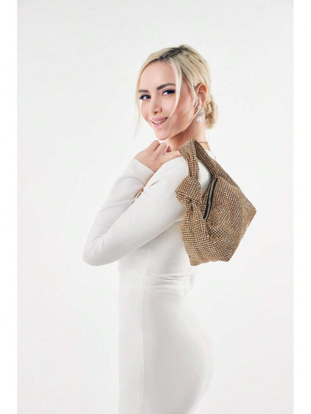 UMREN Bling Full Glitter Knotted Handbag Women Hobo Dumpling Bag Evening Clutch Crossbody Bag- SHEINEU