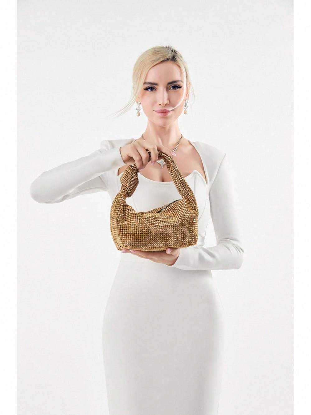 UMREN Bling Full Glitter Knotted Handbag Women Hobo Dumpling Bag Evening Clutch Crossbody Bag- SHEINEU