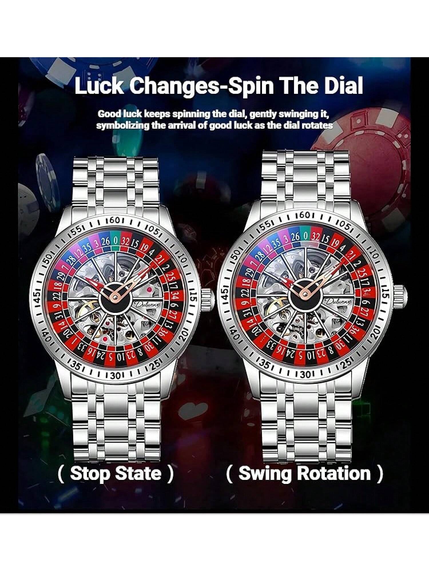 MASTOP Roulette Wheel Men's Watches Automatic Mechanical Watch Men Swinging Rotary Dial Design Hollow Skeleton Watches Stainless Steel Waterproof Business Wristwatch- SHEINEU