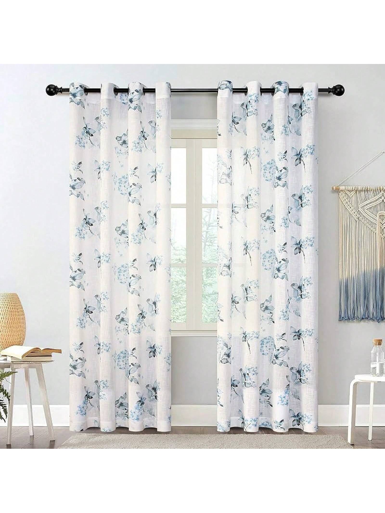 MYSKY HOME Linen Curtains Living Room Floral Patterned Semi Sheer Vertical Drapes Decor Farmhouse Style Texture Dining Room Light Soften Privacy, Yellow, W52 X L84, Pack-2- SHEINEU