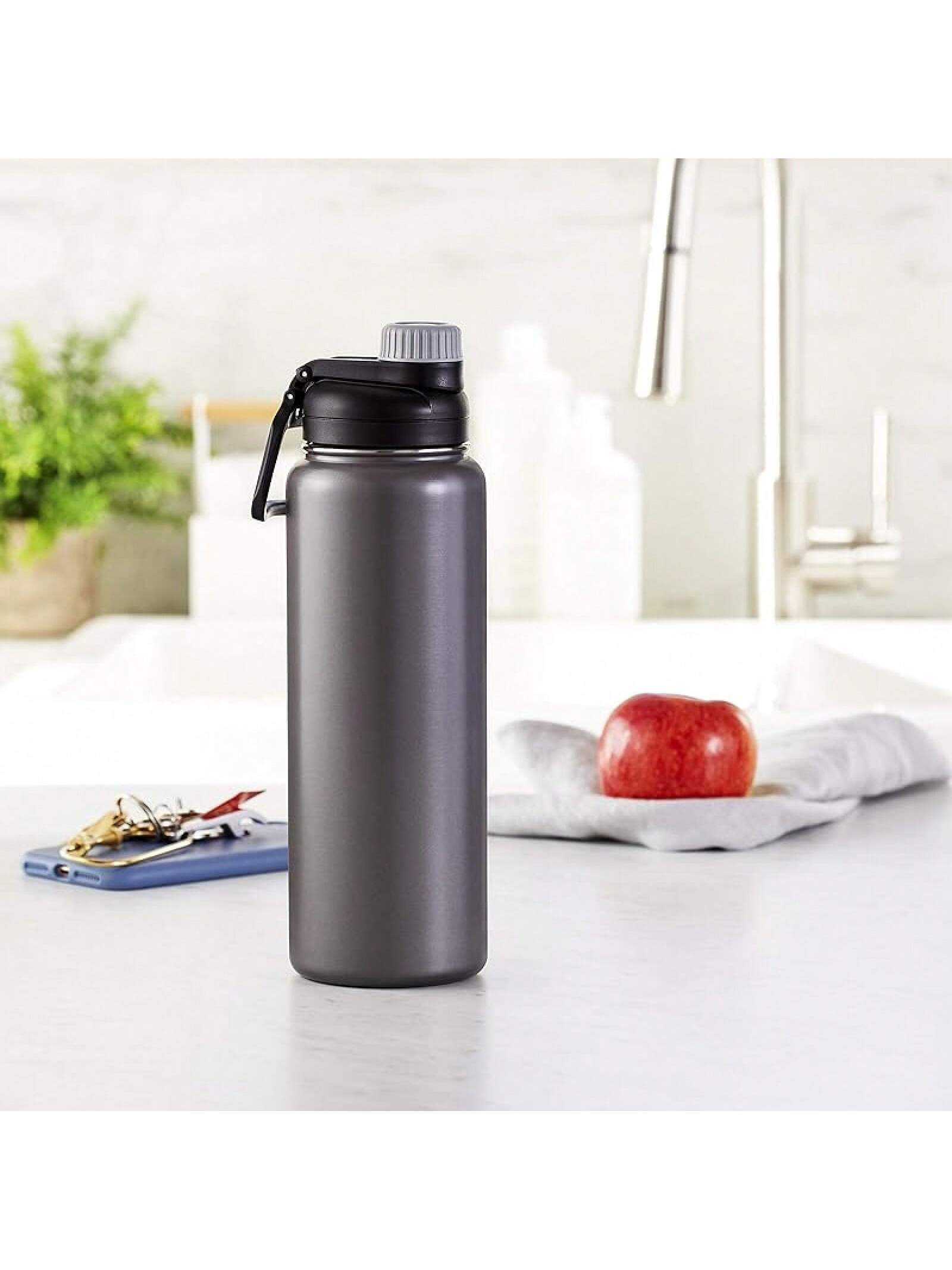 Basics Large Stainless Steel Insulated Bottle, Spout Lid, 30.1 Ounces, Gray- SHEINEU