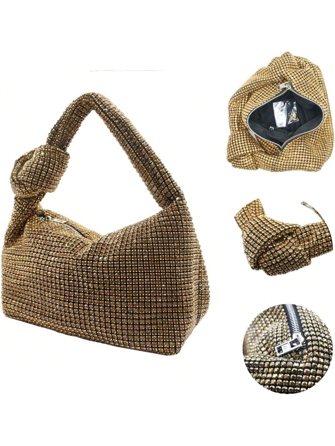 UMREN Bling Full Glitter Knotted Handbag Women Hobo Dumpling Bag Evening Clutch Crossbody Bag- SHEINEU