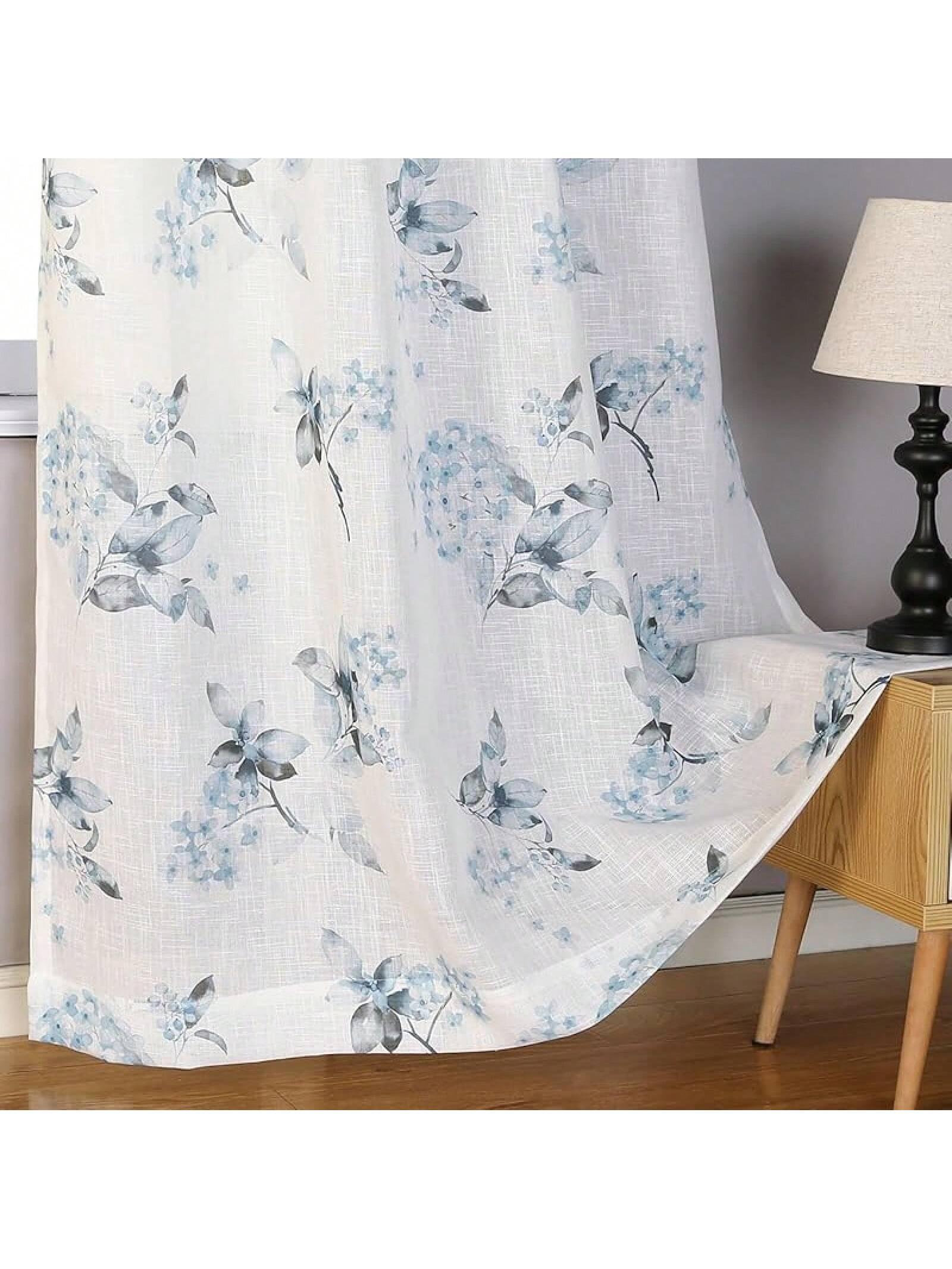 MYSKY HOME Linen Curtains Living Room Floral Patterned Semi Sheer Vertical Drapes Decor Farmhouse Style Texture Dining Room Light Soften Privacy, Yellow, W52 X L84, Pack-2- SHEINEU