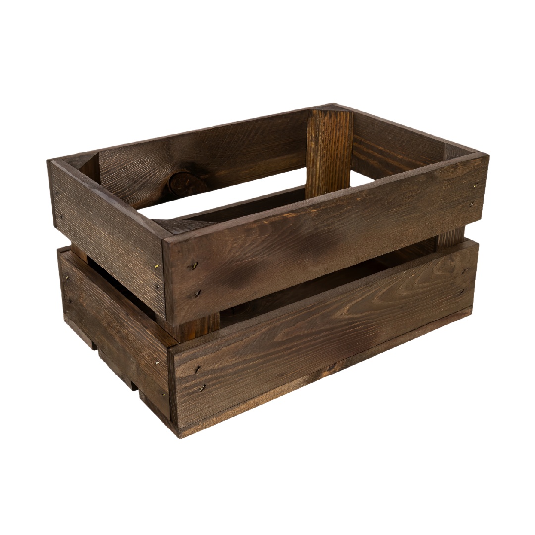 Vintage Dark Espresso Stained Rectangular Slatted Wood Crate-huhardware.com