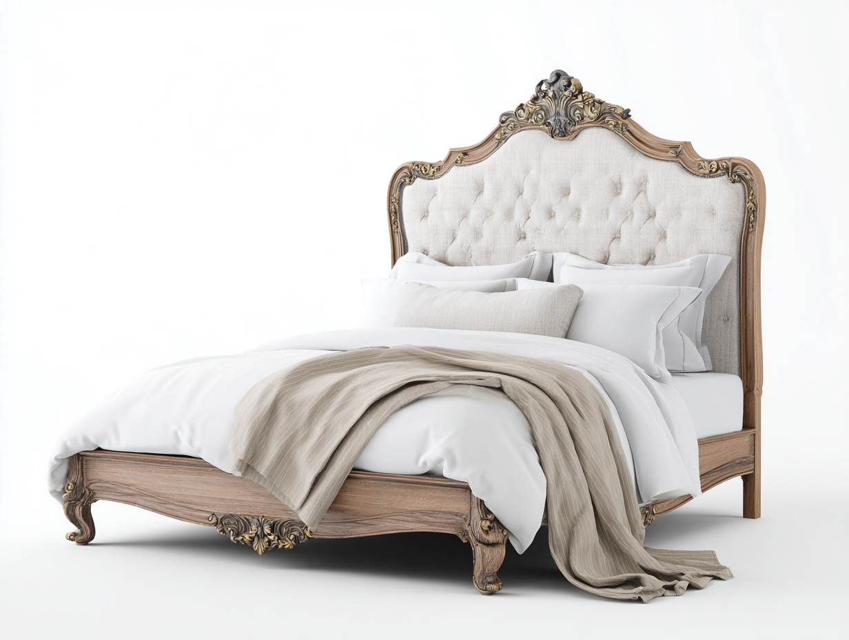 Lit double bois sculpté 200x160x135 cm - naturel-beige - style classique avec tête de lit capitonnée-Sereneure