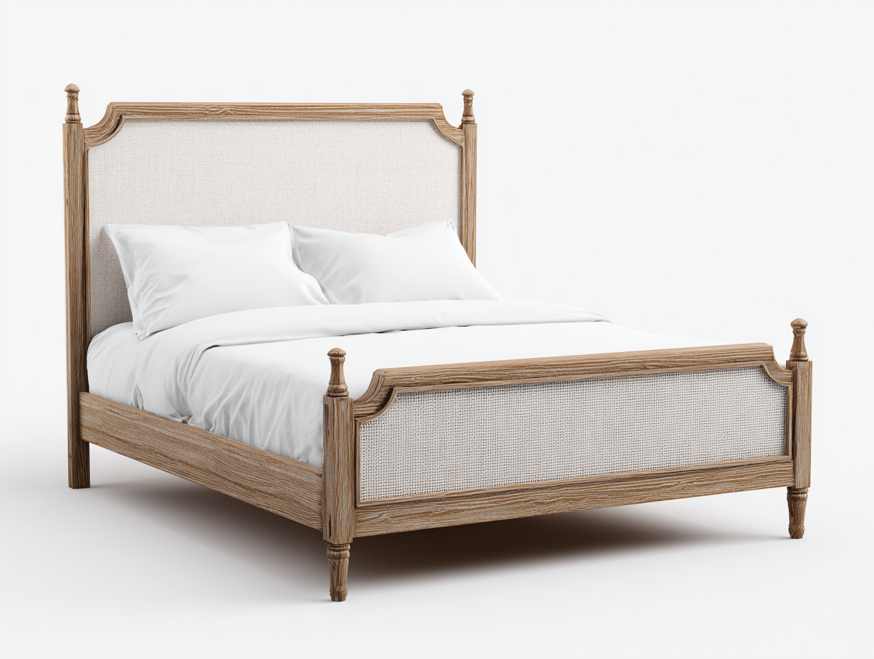 Lit double en bois et tissu 200x160x120 cm - bois naturel-beige - style classique pour chambre-Sereneure