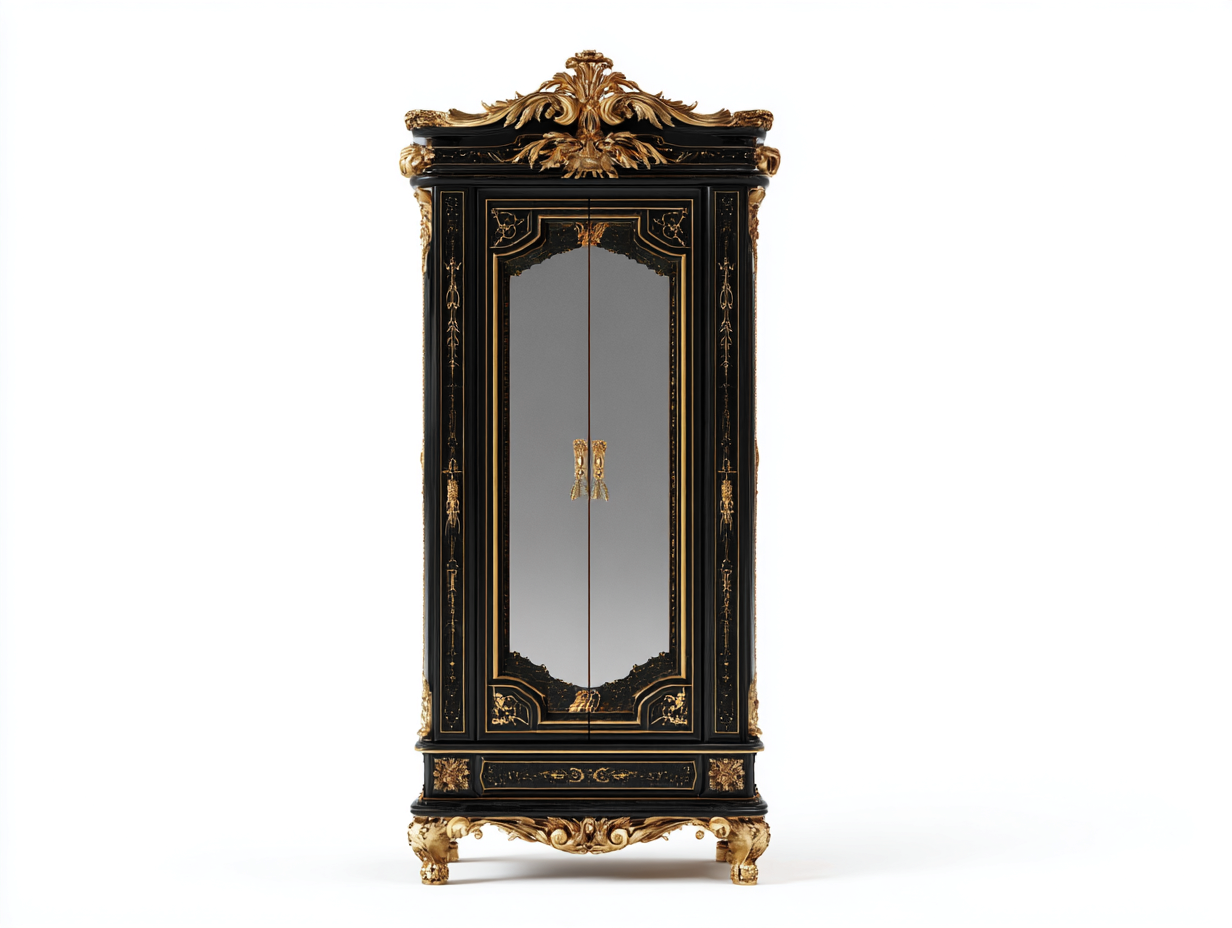 Armoire bois sculpté 120x60x200 cm - noir-doré - style classique avec portes miroir-Sereneure