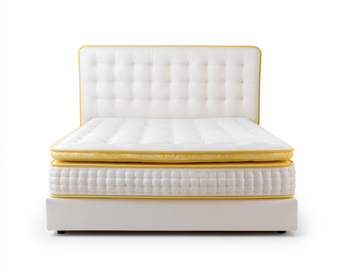 Lit double rembourré tissu 200x160x120 cm - blanc-jaune - couchage confortable avec tête de lit capitonnée-Sereneure
