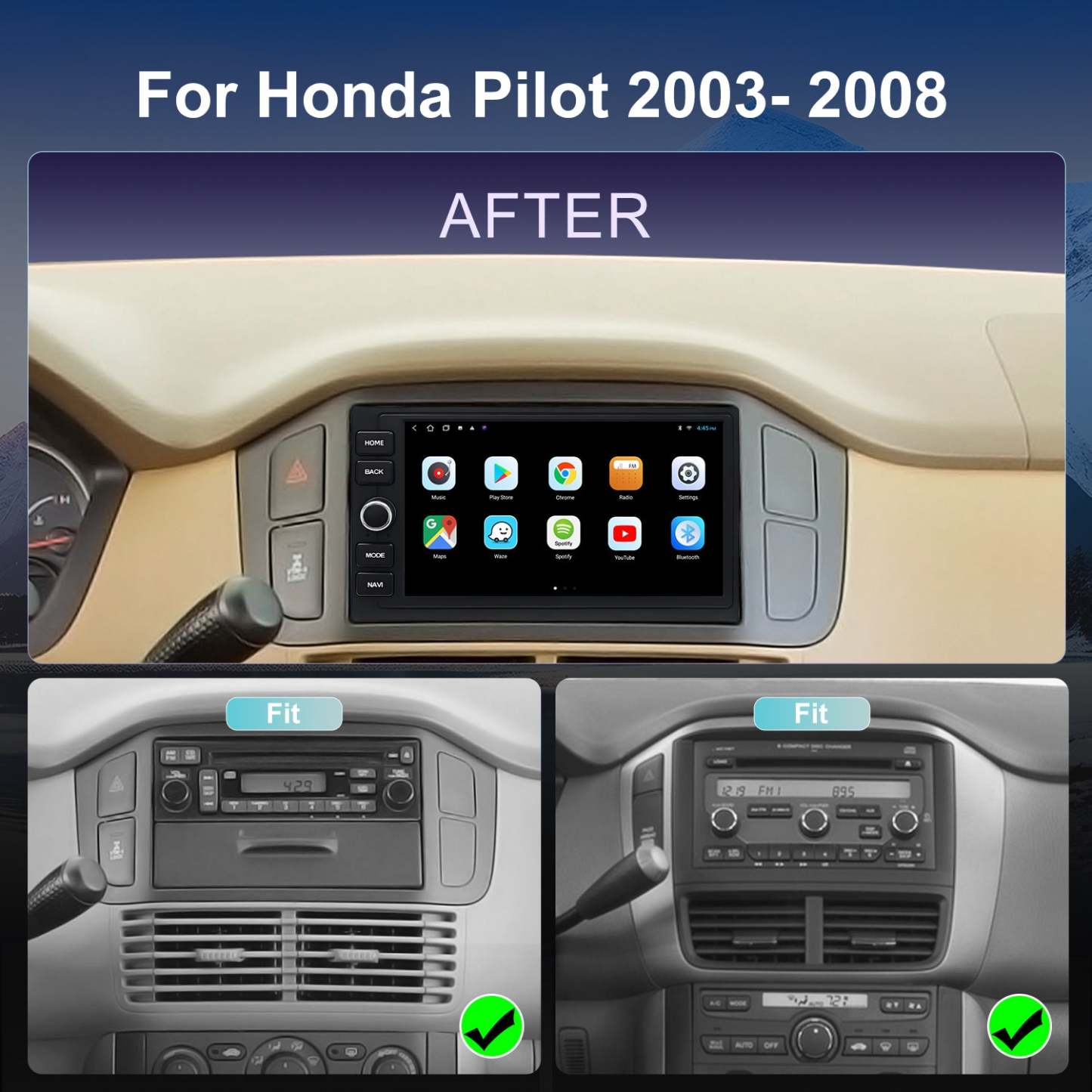 For Honda Pilot 2003-2008 Radio upgrade,7-inch QLED 8-Core CPU,touch screen Stereo,Wireless CarPlay & Android Auto,keep OEM Controls