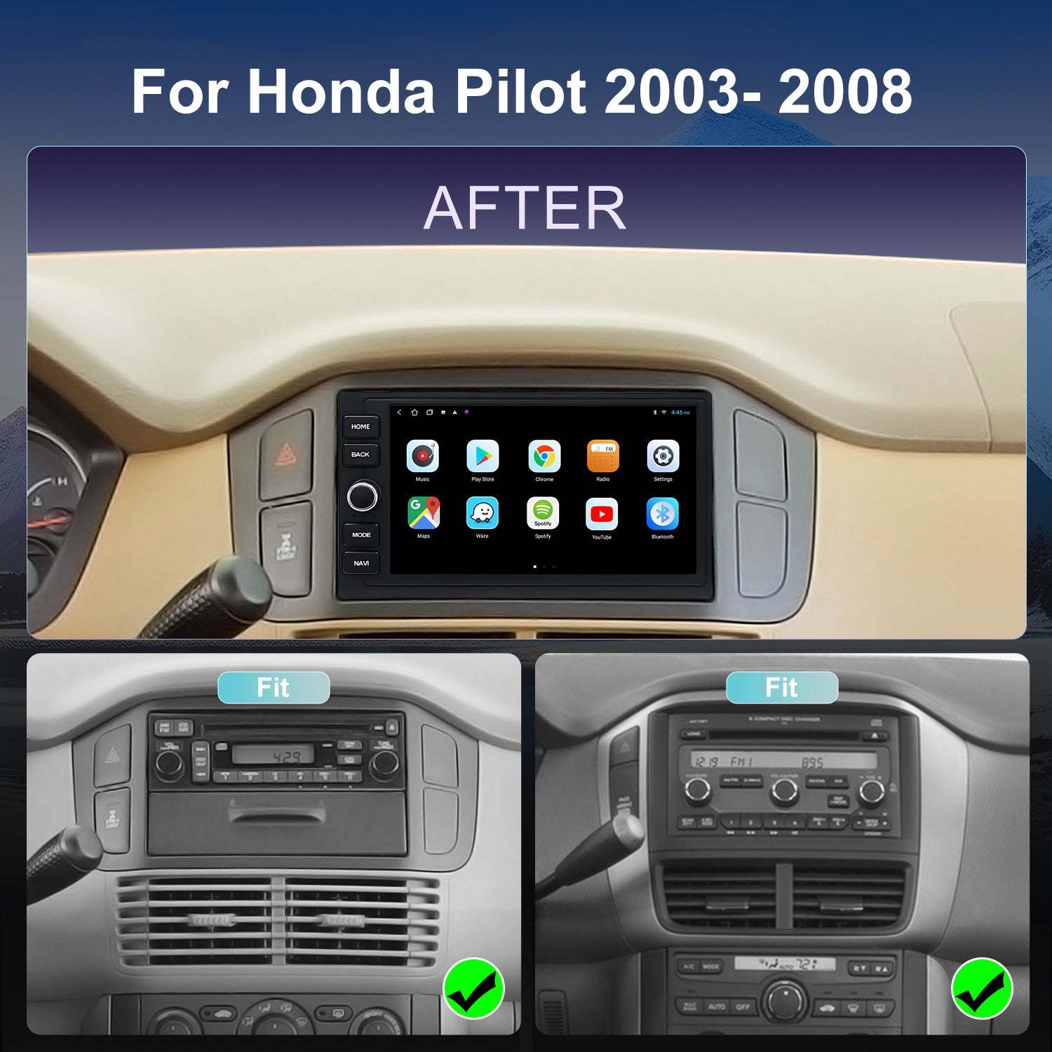 For Honda Pilot 2003-2008 Radio upgrade,7-inch QLED 8-Core CPU,touch screen Stereo,Wireless CarPlay & Android Auto,keep OEM Controls