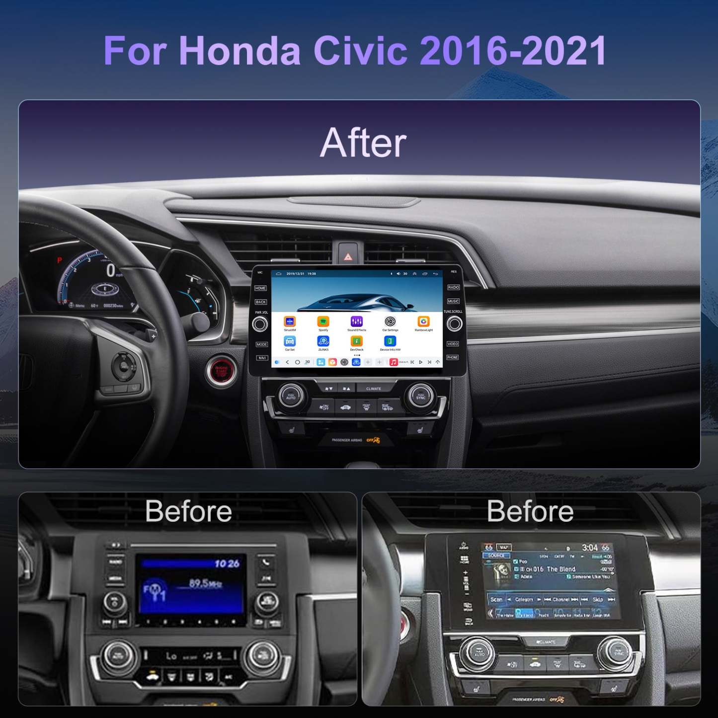 For Honda Civic 2016-2021 Radio upgrade,10.2-inch QLED  8-Core CPU,touch screen Stereo,Wireless CarPlay & Android Auto,keep OEM Controls
