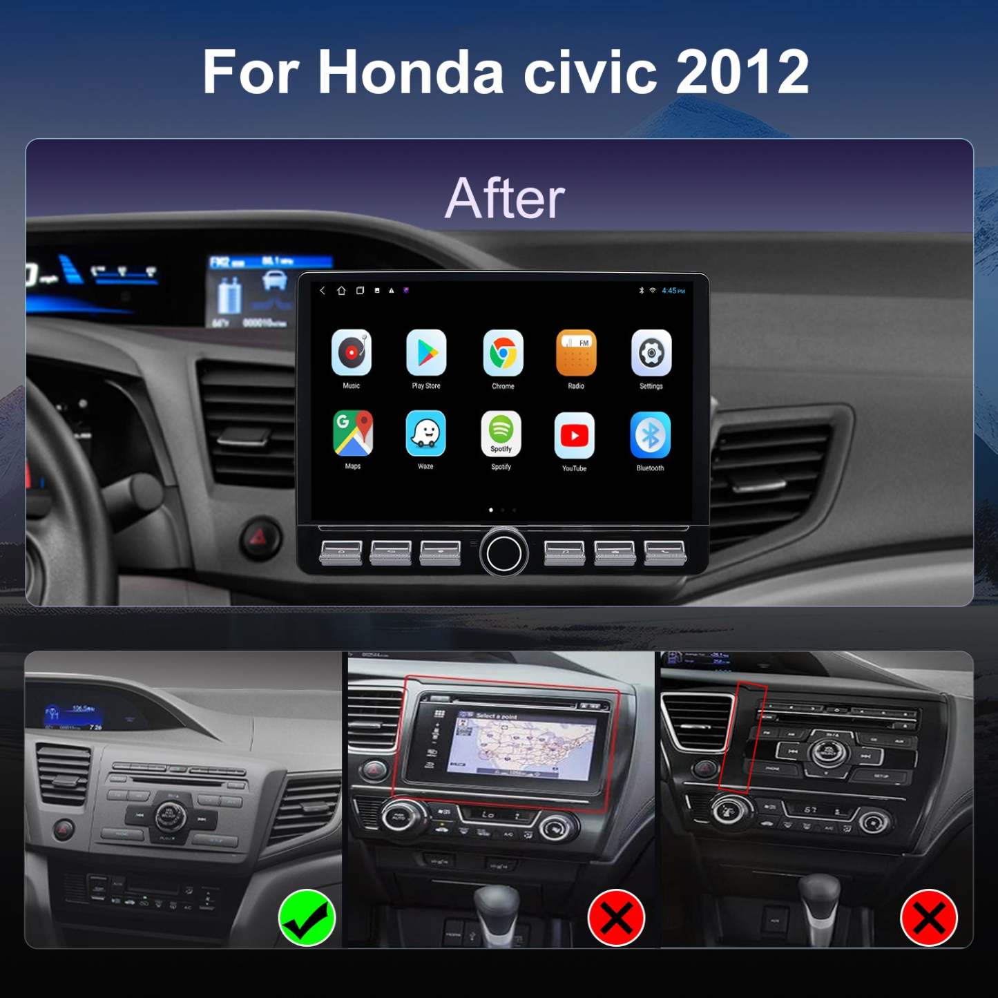 For Honda Civic 2012 Radio upgrade,10.2-inch QLED 8-Core CPU,touch screen Stereo,Wireless CarPlay & Android Auto,keep OEM Controls