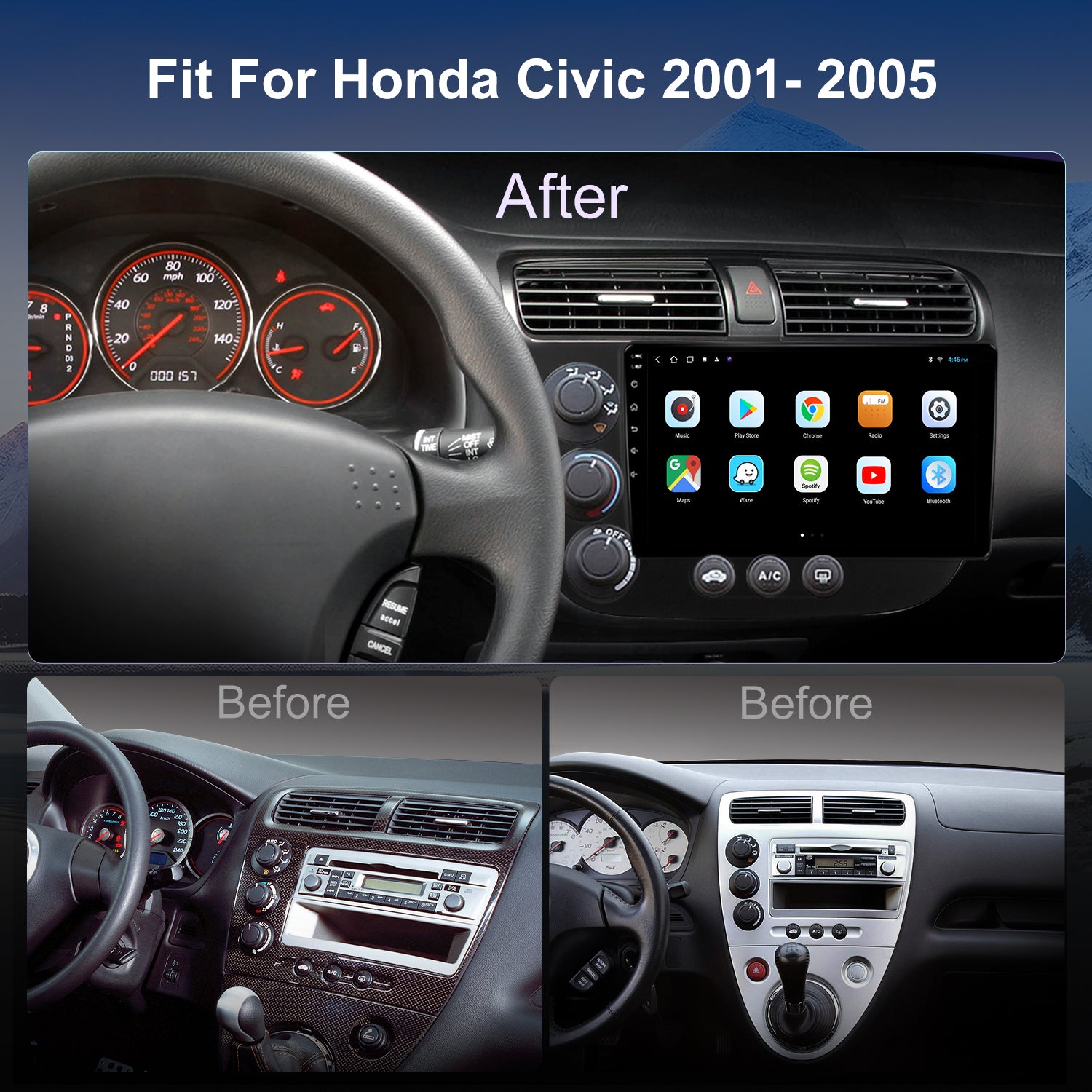 For Honda Civic 2001-2005 Radio upgrade,10.2-inch QLED  8-Core CPU,touch screen Stereo,Wireless CarPlay & Android Auto,keep OEM Controls