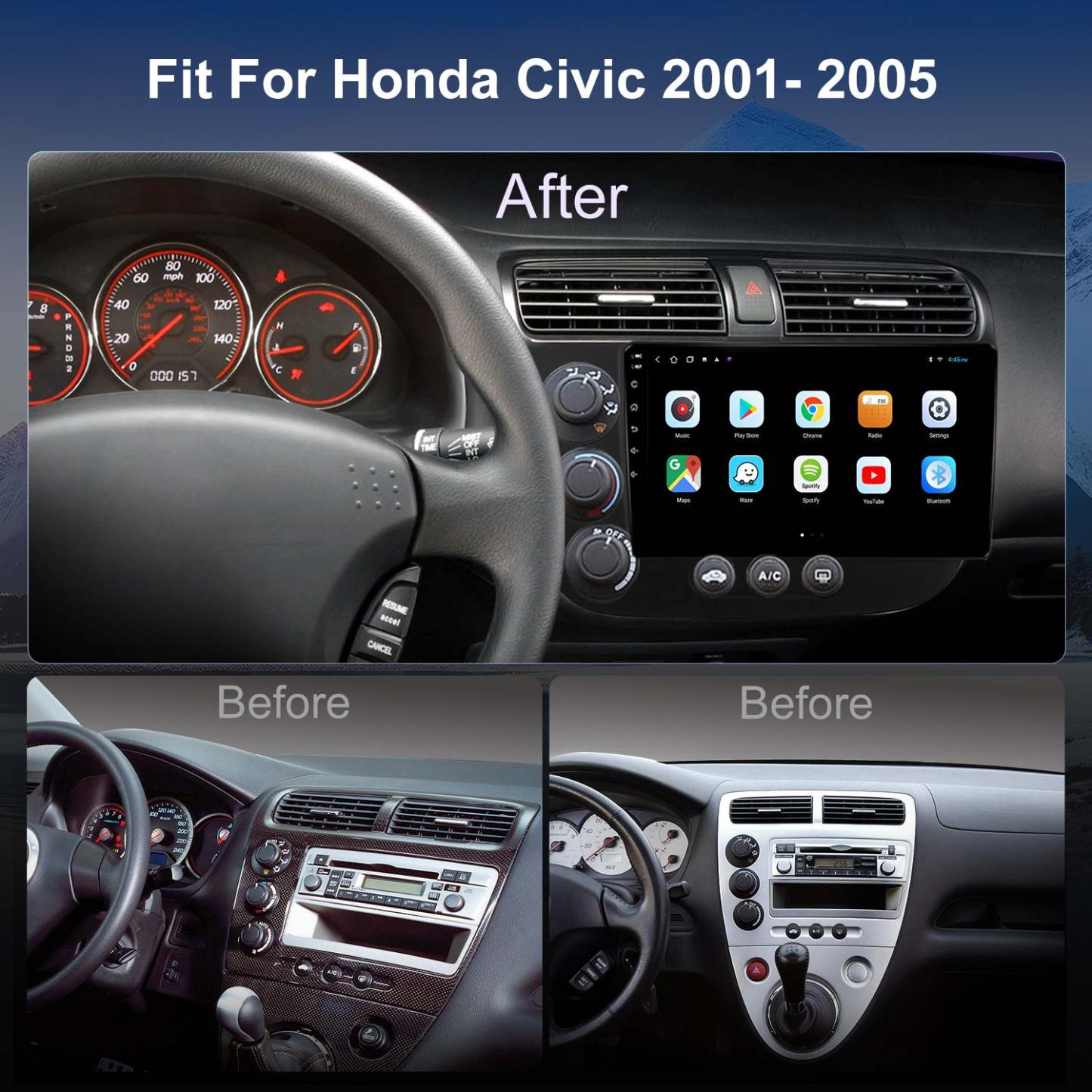 For Honda Civic 2001-2005 Radio upgrade,10.2-inch QLED  8-Core CPU,touch screen Stereo,Wireless CarPlay & Android Auto,keep OEM Controls