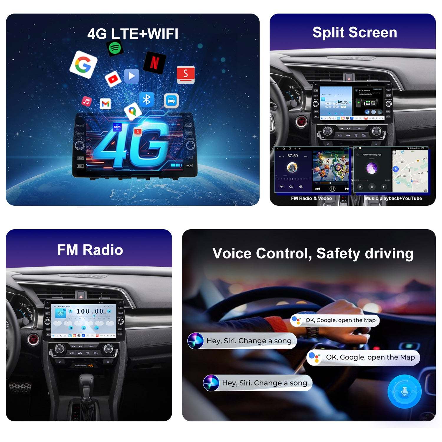 For Honda Civic 2016-2021 Radio upgrade,10.2-inch QLED  8-Core CPU,touch screen Stereo,Wireless CarPlay & Android Auto,keep OEM Controls