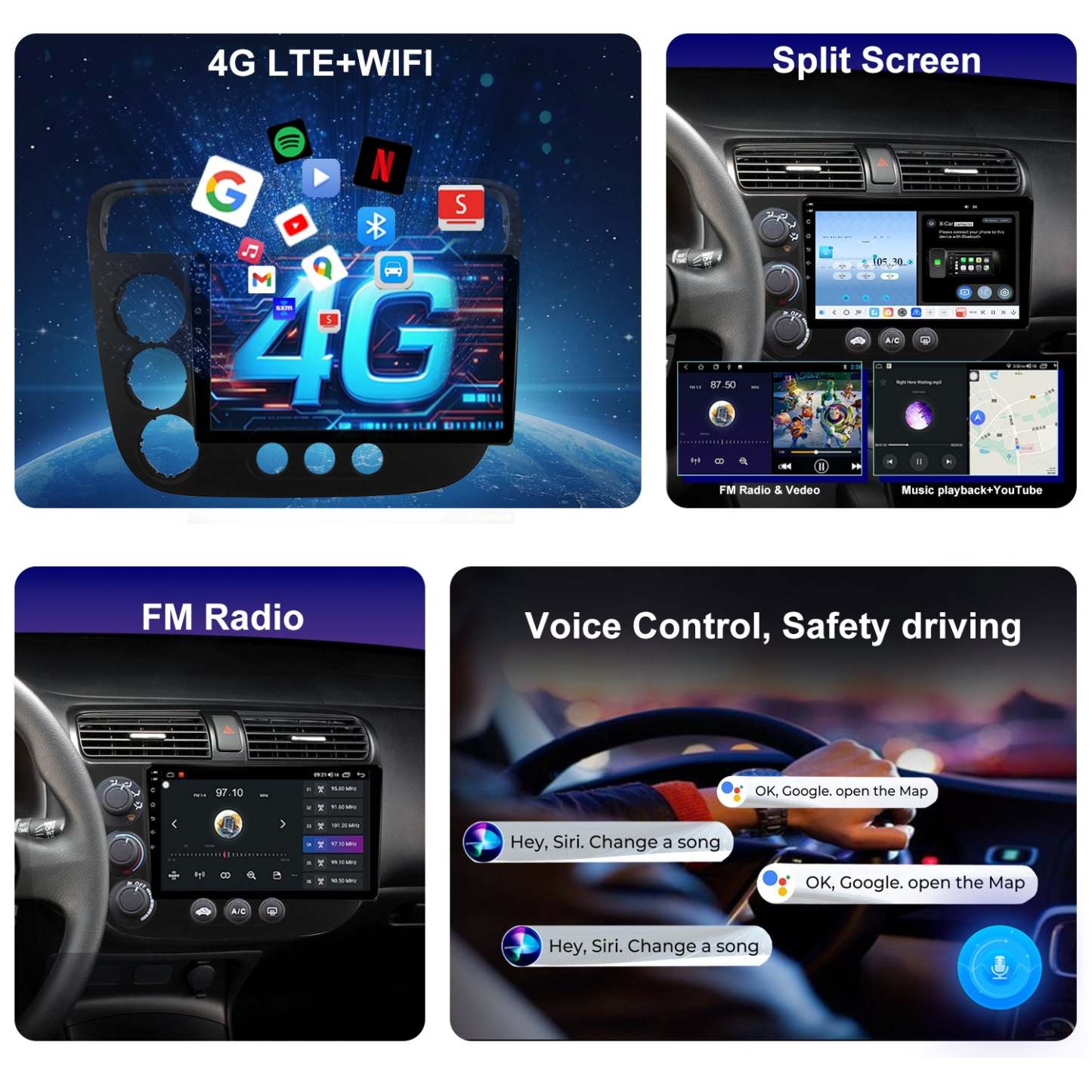 For Honda Civic 2001-2005 Radio upgrade,10.2-inch QLED  8-Core CPU,touch screen Stereo,Wireless CarPlay & Android Auto,keep OEM Controls