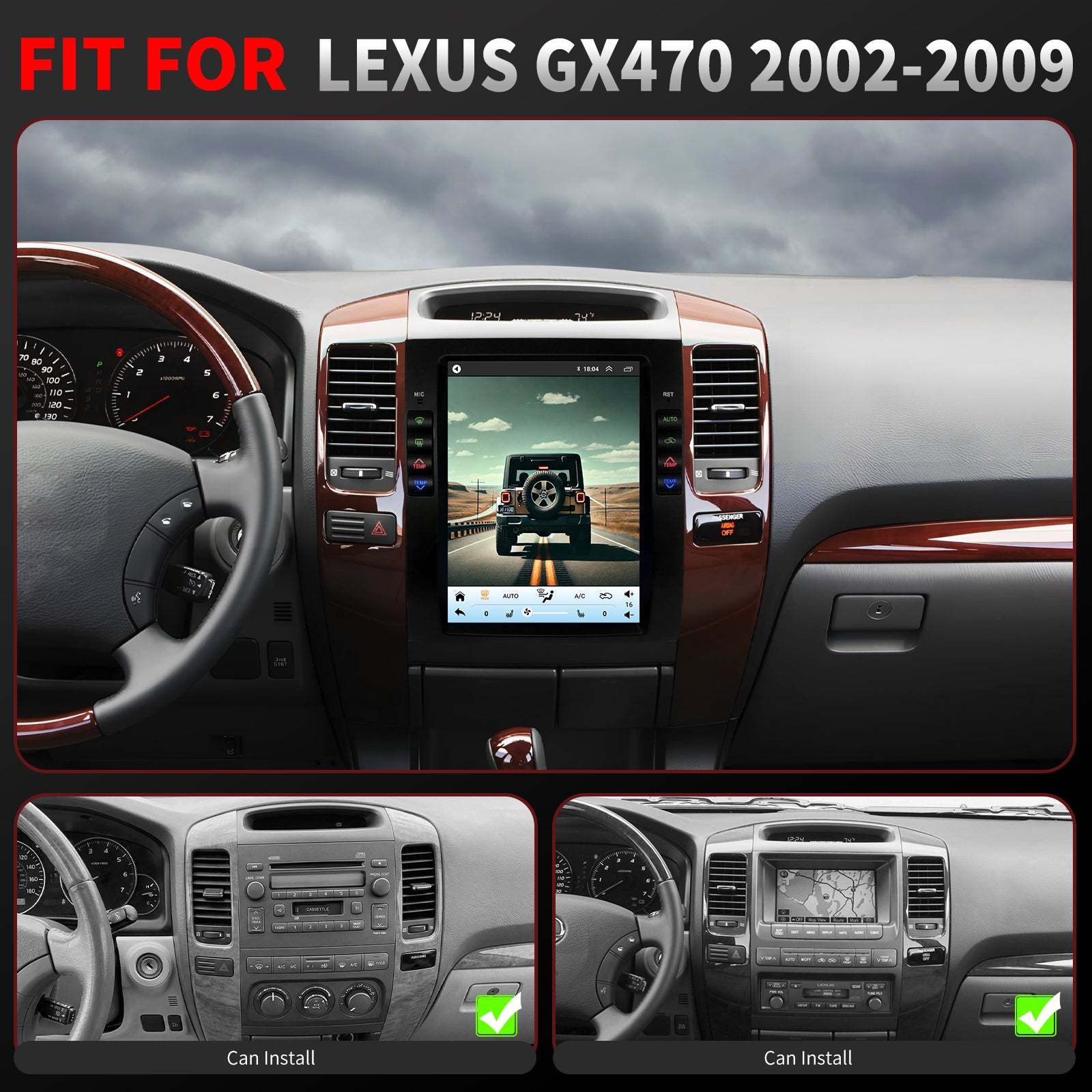 For Lexus GX470 2002-2009 Radio upgrade, 12.1-inch QLED 8-Core CPU,touch screen Stereo,Wireless CarPlay & Android Auto,Free camera