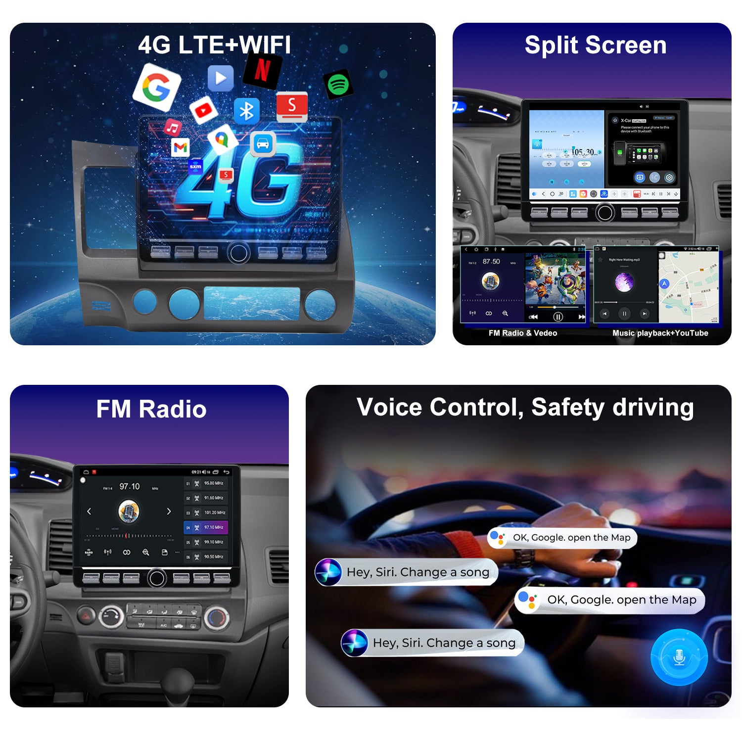 For Honda Civic 2006-2011 Radio upgrade,10.2-inch QLED  8-Core CPU,touch screen Stereo,Wireless CarPlay & Android Auto,keep OEM Controls