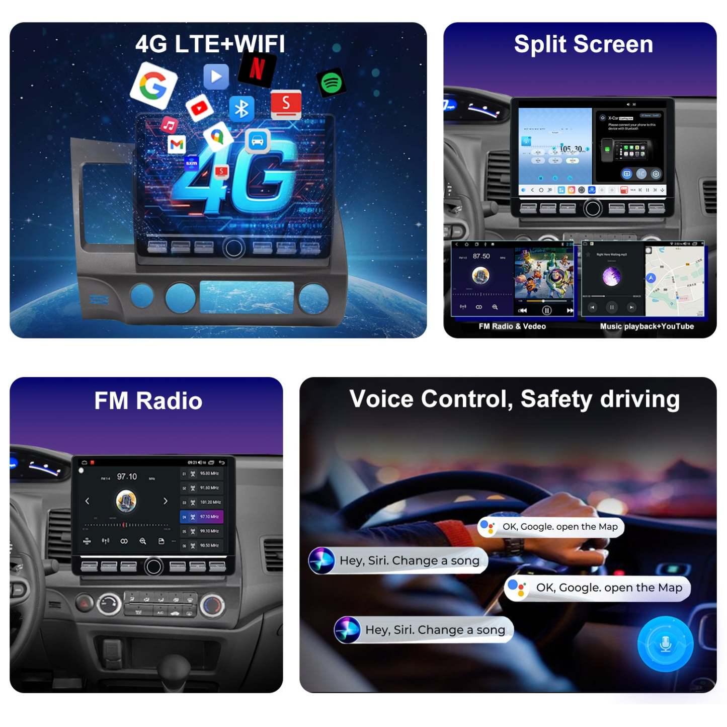 For Honda Civic 2006-2011 Radio upgrade,10.2-inch QLED  8-Core CPU,touch screen Stereo,Wireless CarPlay & Android Auto,keep OEM Controls