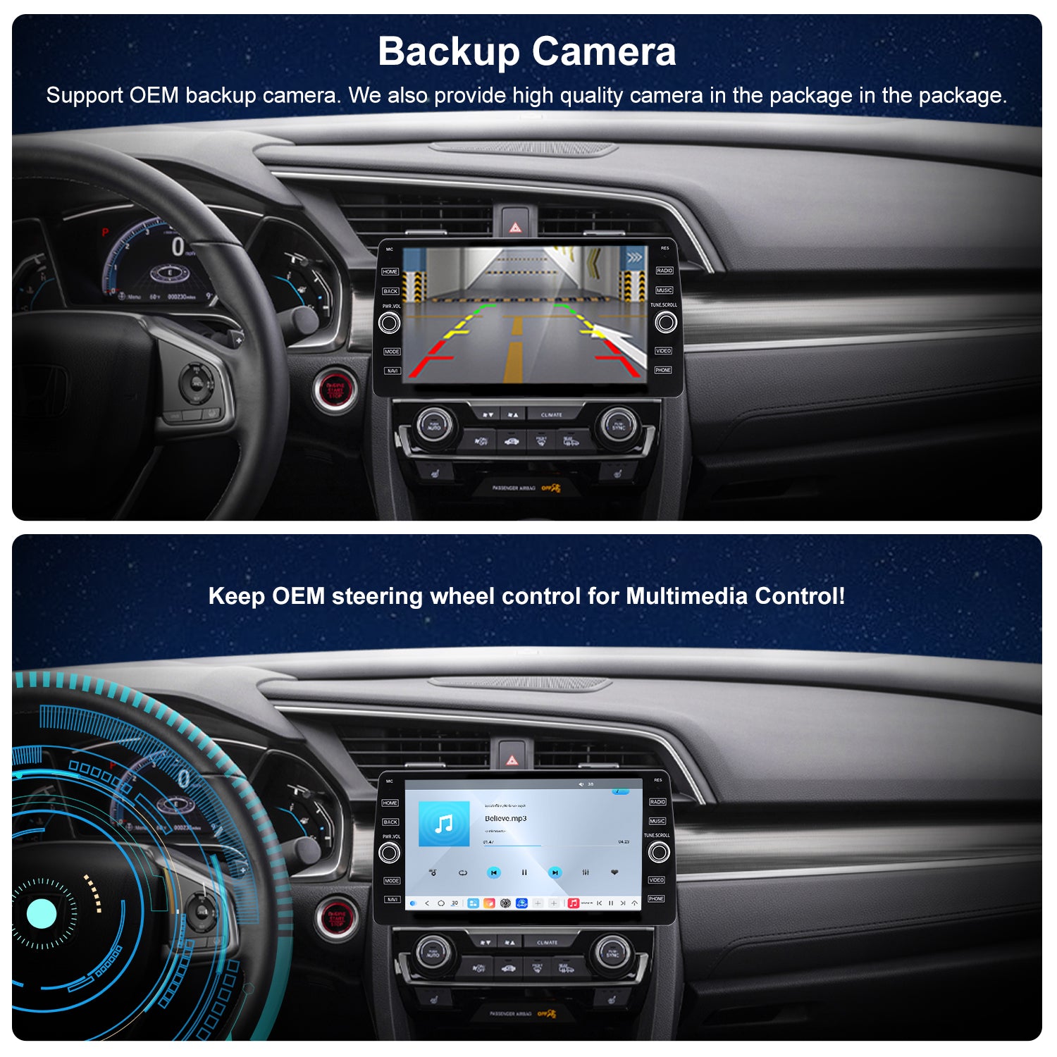 For Honda Civic 2016-2021 Radio upgrade,10.2-inch QLED  8-Core CPU,touch screen Stereo,Wireless CarPlay & Android Auto,keep OEM Controls