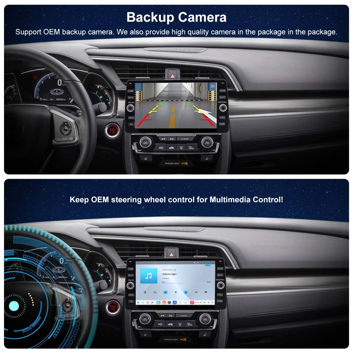 For Honda Civic 2016-2021 Radio upgrade,10.2-inch QLED  8-Core CPU,touch screen Stereo,Wireless CarPlay & Android Auto,keep OEM Controls