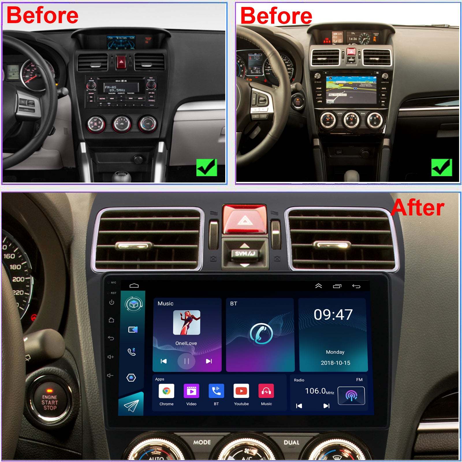 For Subaru Crosstrek 2015-2017 Radio upgrade,9-inch QLED 8-Core CPU,touch screen Stereo,Wireless CarPlay & Android Auto,keep OEM Controls