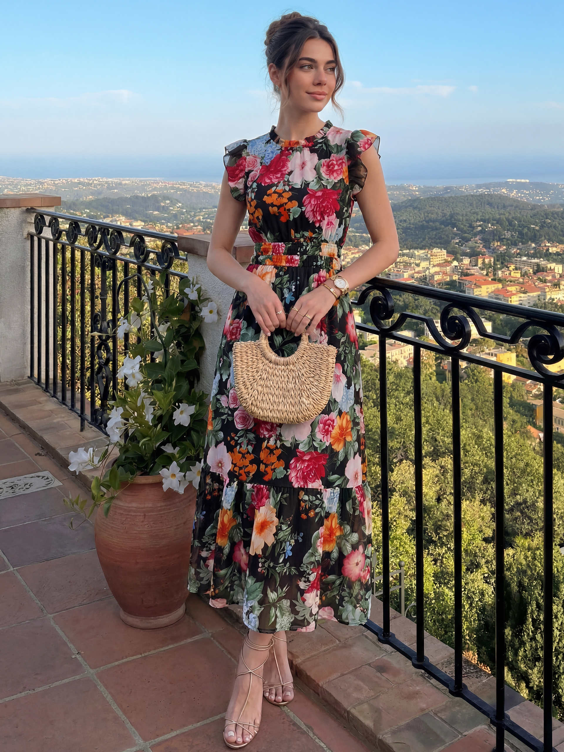 Floral Chiffon Ruffle Neck Flutter Sleeve Maxi Dress