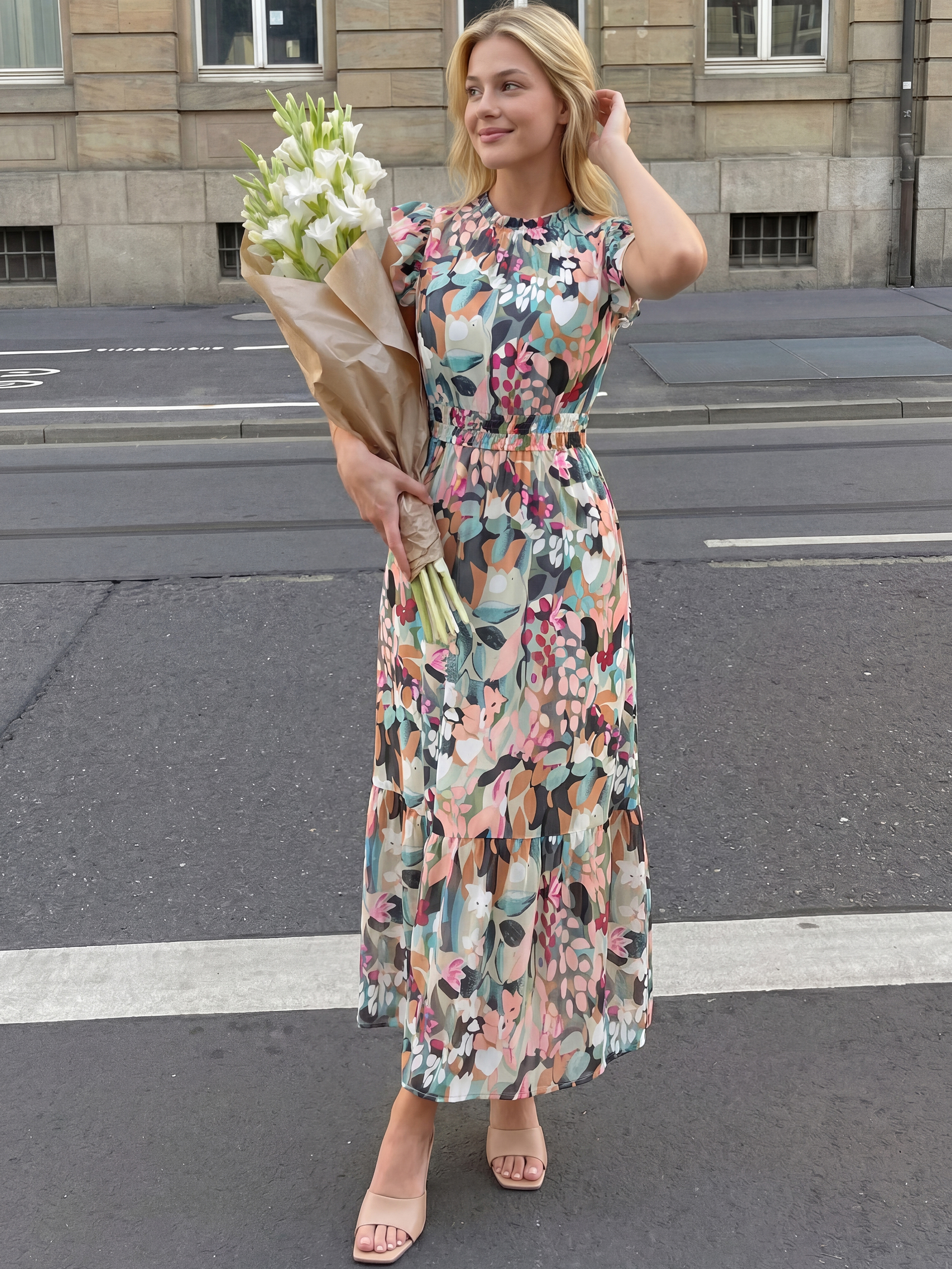 Floral Chiffon Ruffle Neck Flutter Sleeve Maxi Dress