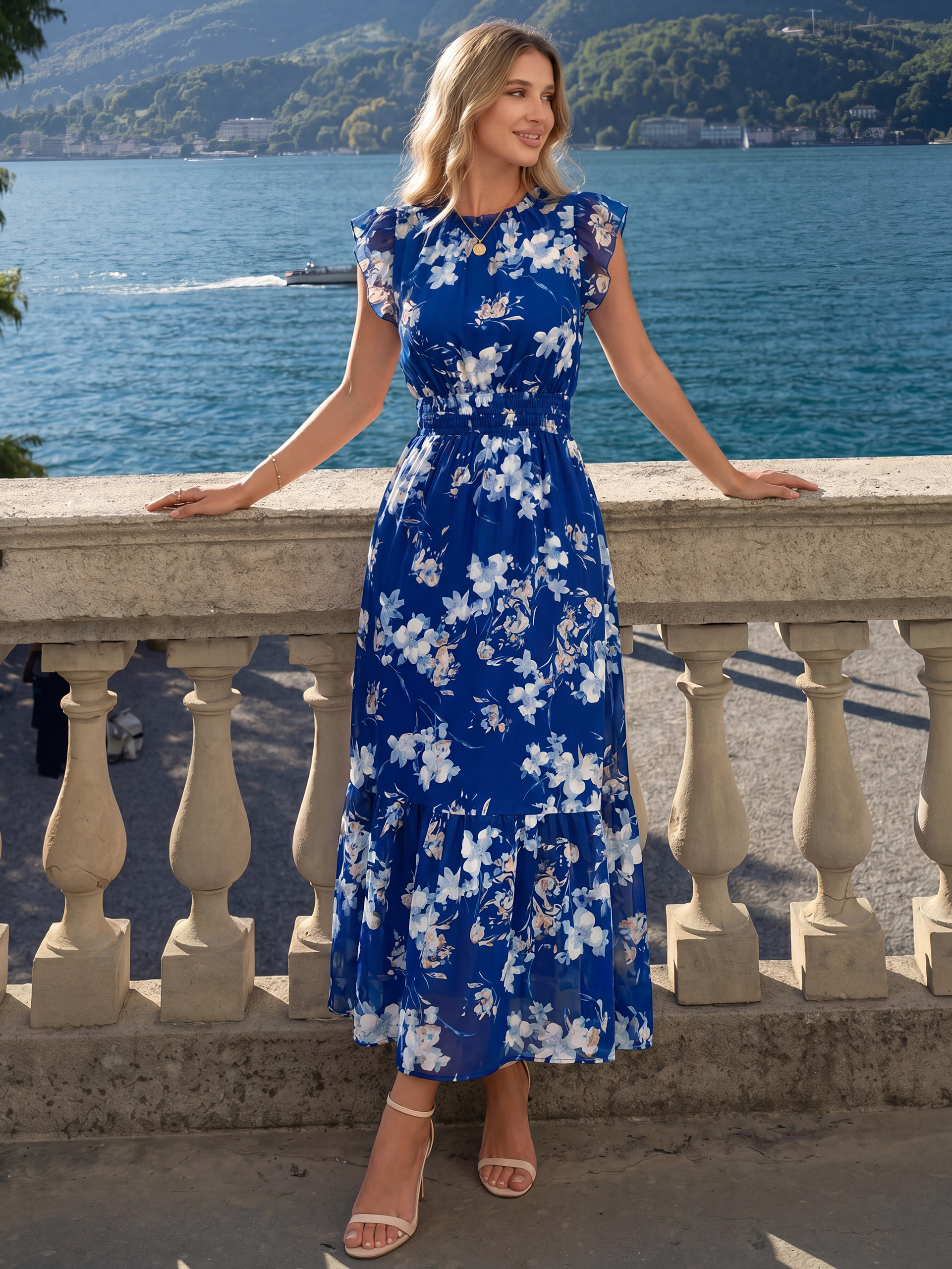 Floral Chiffon Ruffle Neck Flutter Sleeve Maxi Dress