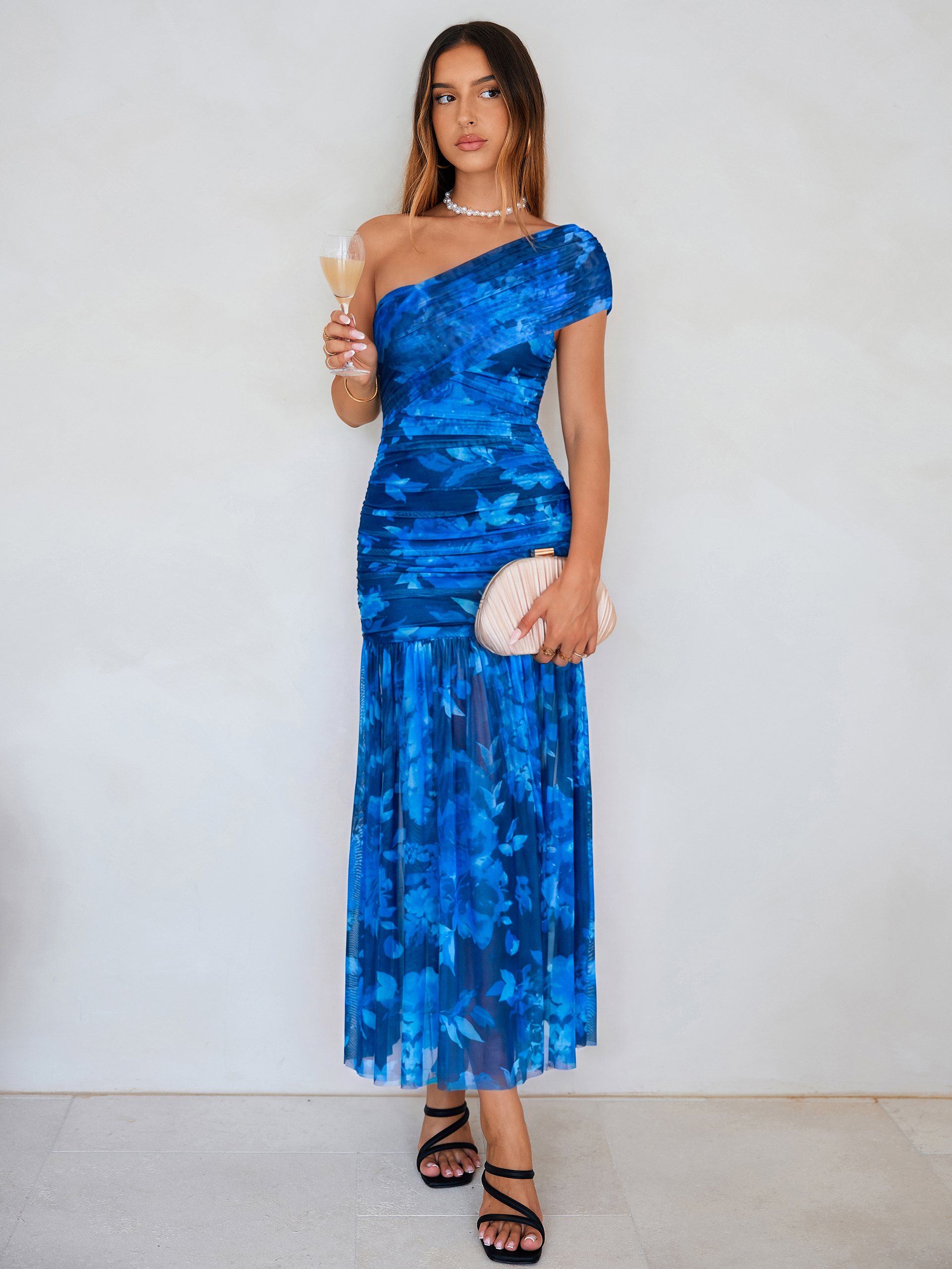 One Shoulder Floral Ruched Mesh Bodycon Dress