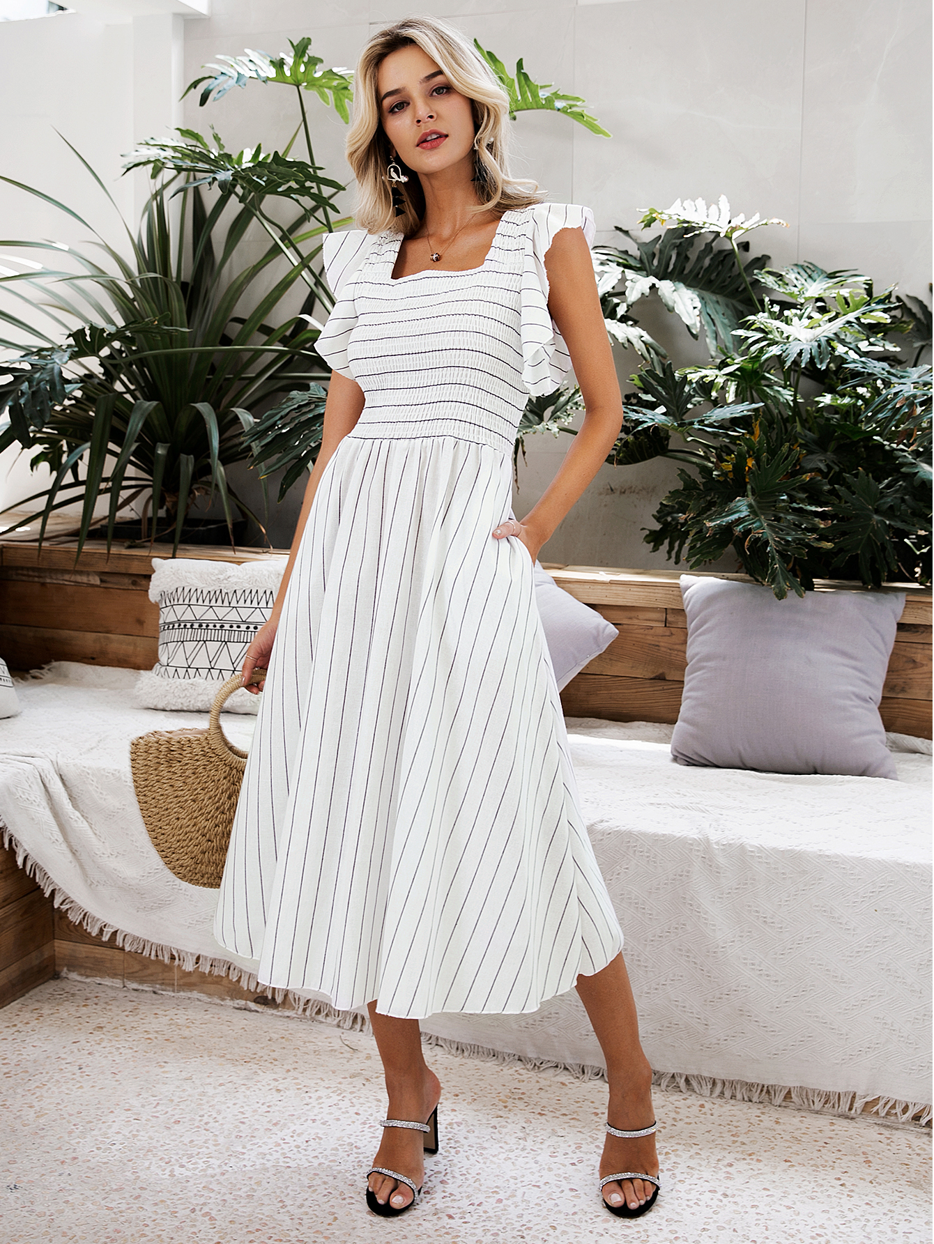Striped Puff Sleeve Smocked A Line Midi Dress