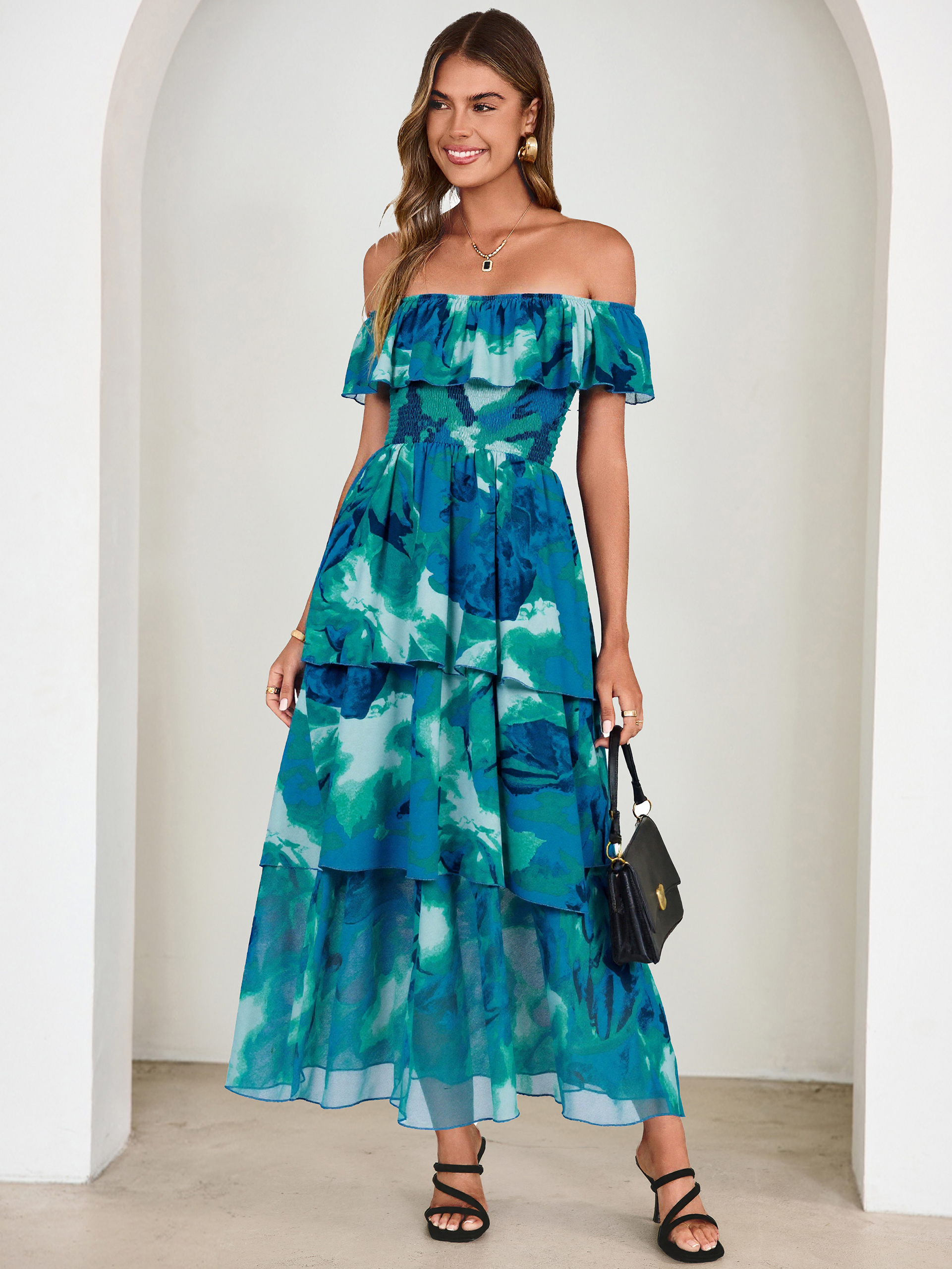 Off Shoulder Multicolor Ruffle Tiered Maxi Dress