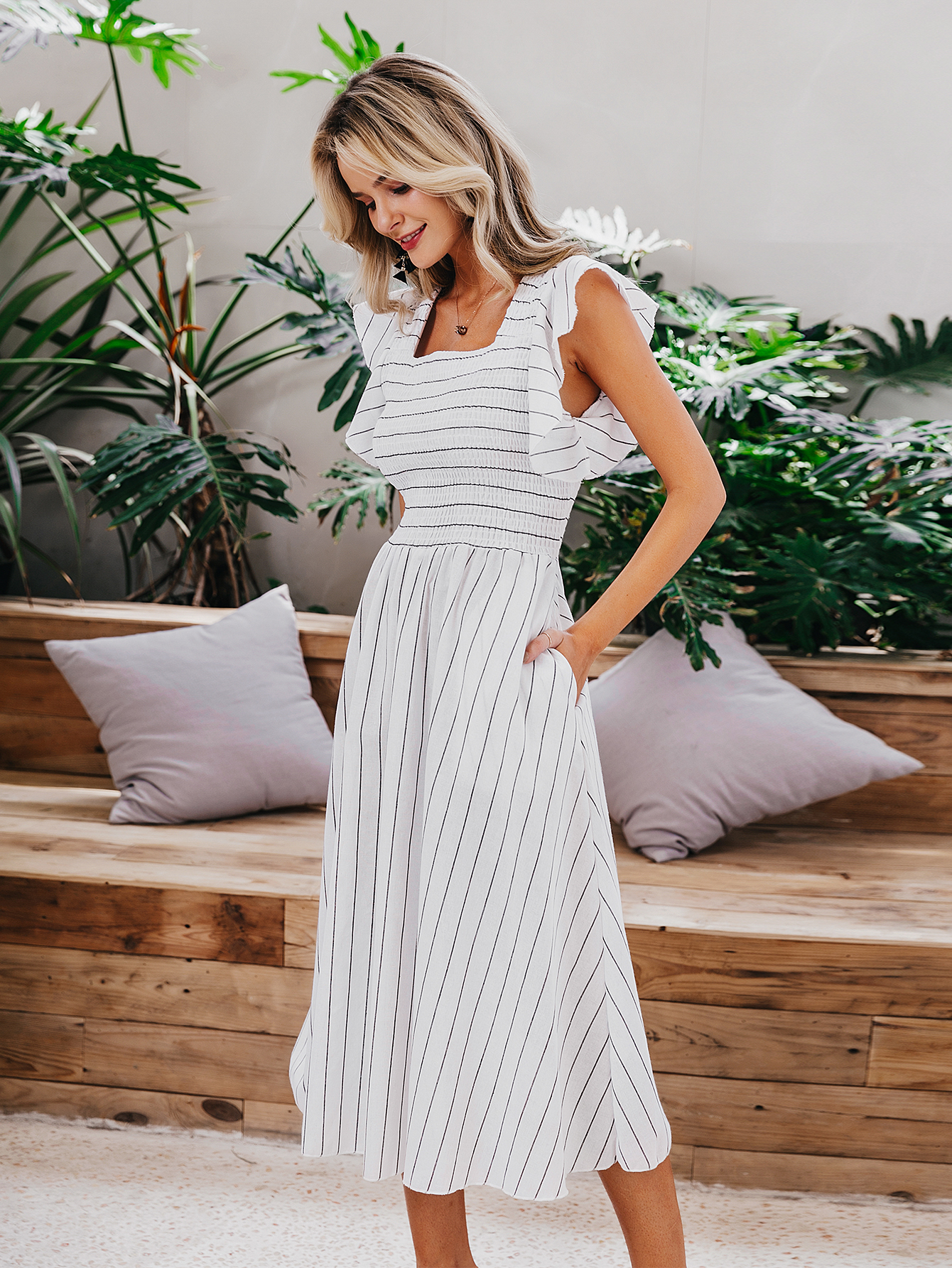 Striped Puff Sleeve Smocked A Line Midi Dress