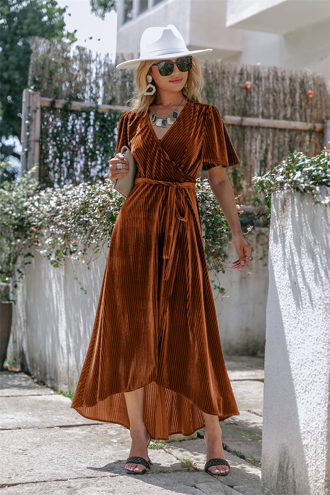 Velvet V-Neck Short Sleeve Belted Wrap Maxi Dress