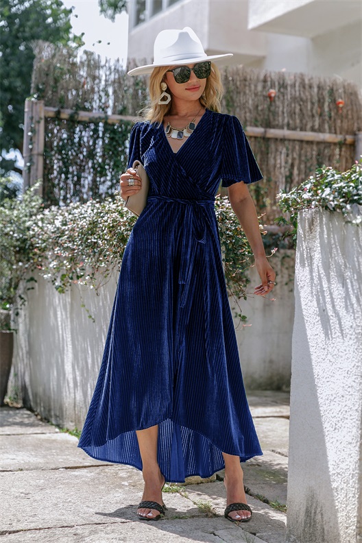 Velvet V-Neck Short Sleeve Belted Wrap Maxi Dress