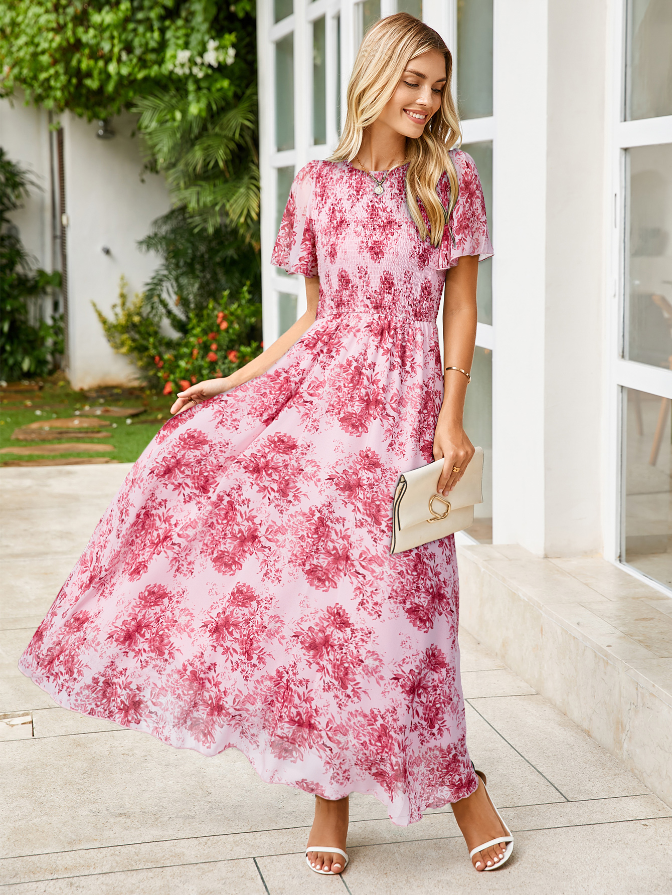Chiffon Flutter Sleeve Smocked Floral Maxi Dress