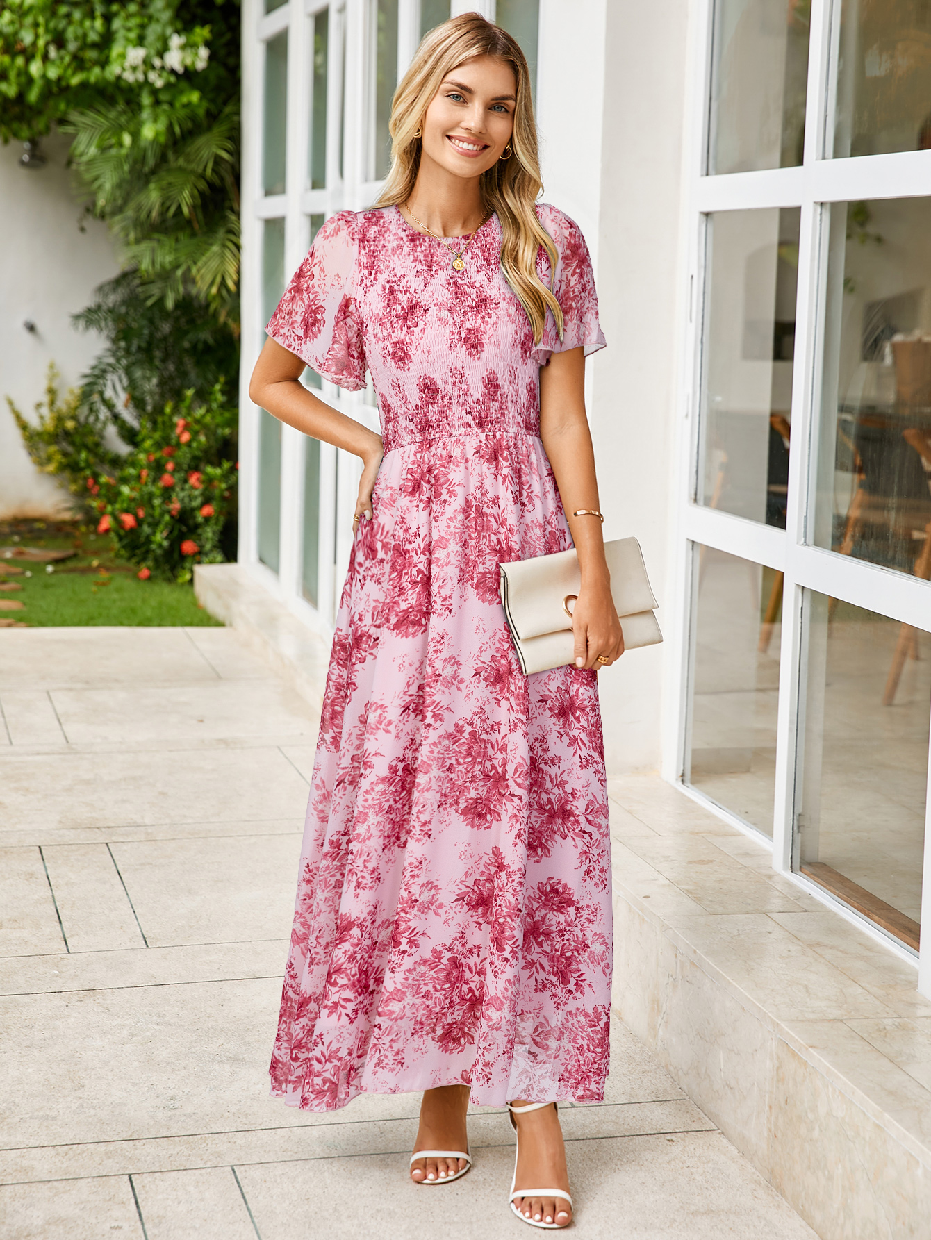 Chiffon Flutter Sleeve Smocked Floral Maxi Dress - Floral Pink