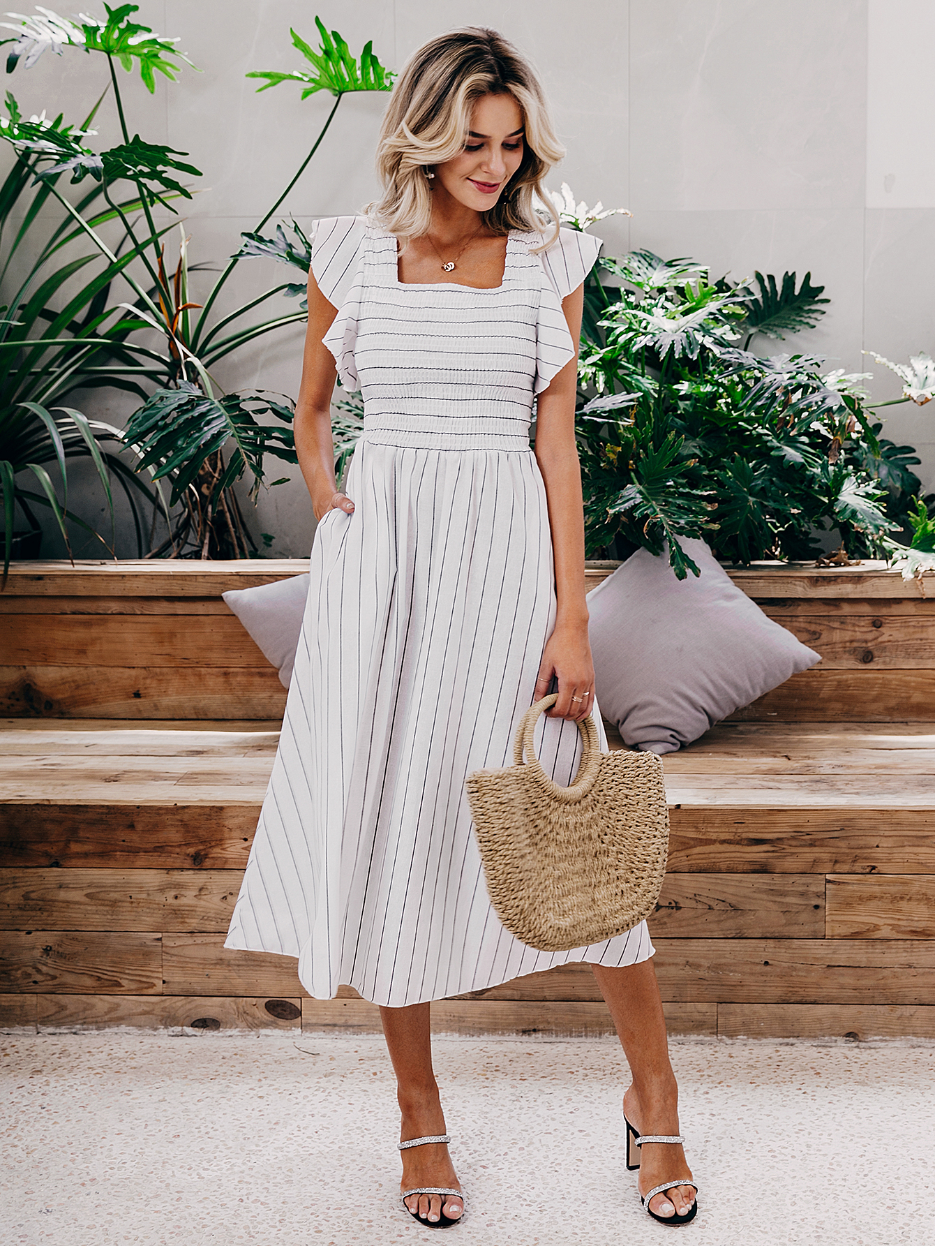 Striped Puff Sleeve Smocked A Line Midi Dress