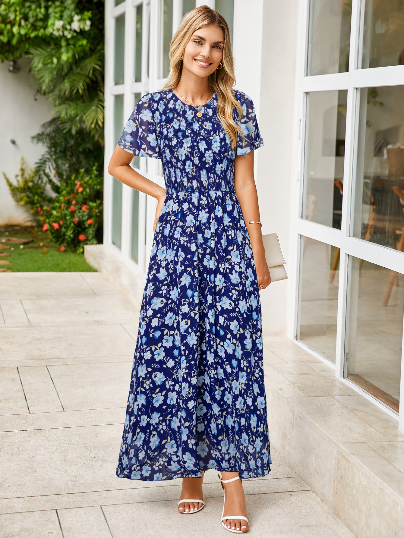Chiffon Flutter Sleeve Smocked Floral Maxi Dress - Floral Blue