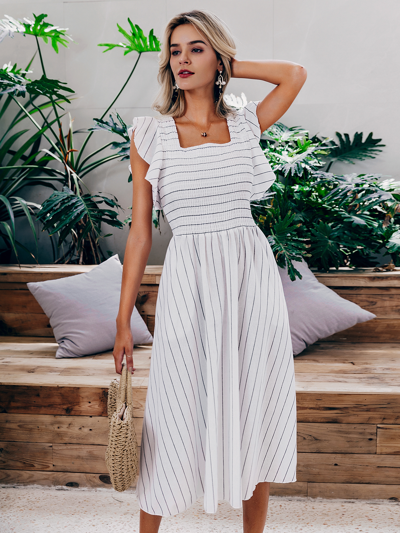 Striped Puff Sleeve Smocked A Line Midi Dress