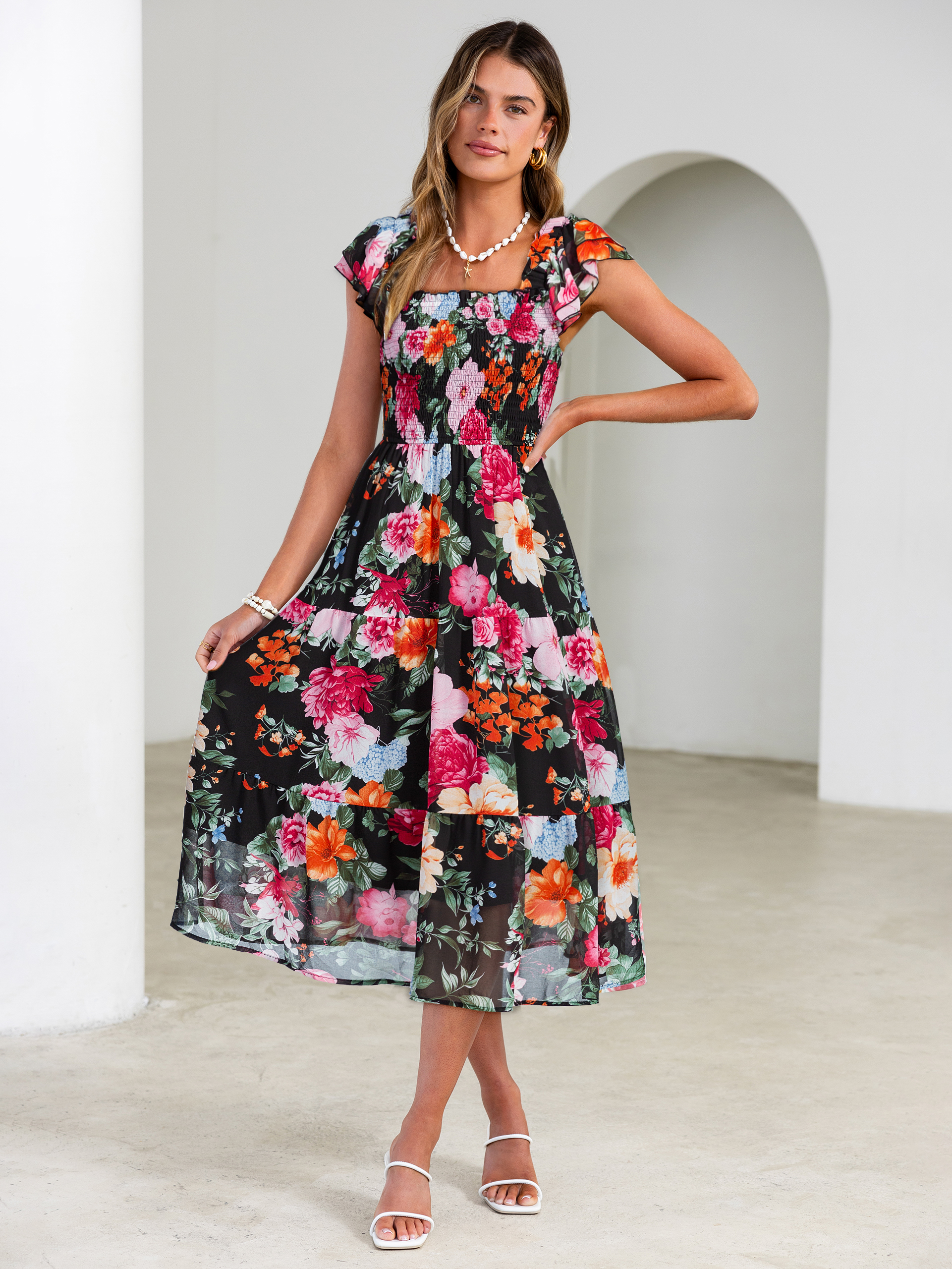 Floral Print Smocked Tiered Maxi Dress - Black Floral