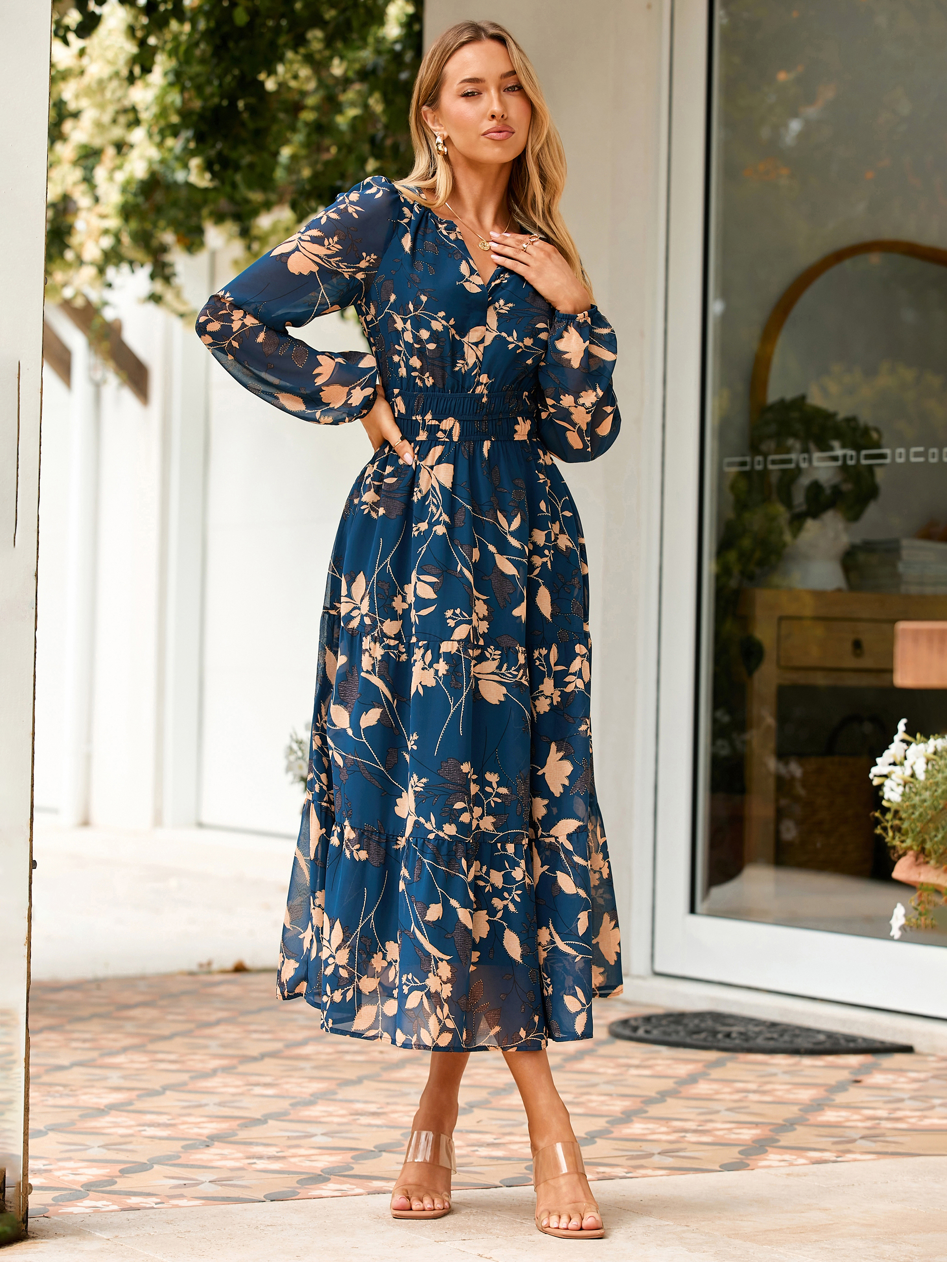 Boho Floral Long Sleeve Wedding Guest Maxi Dress